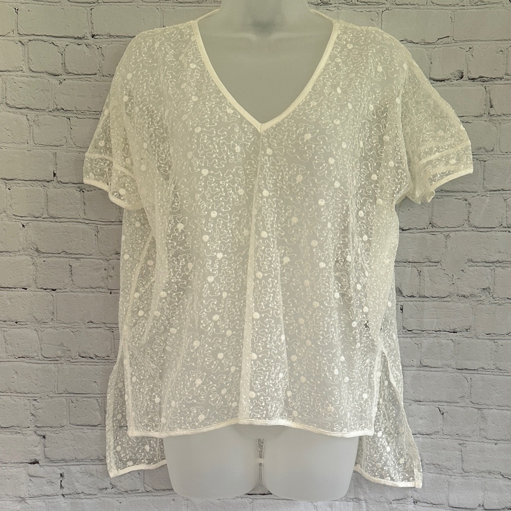 Pol Women's Sheer White Lace Look V-Neck Short Sleeve Top oversized S